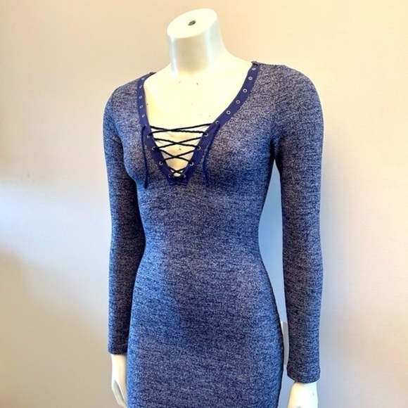 POOF! sexy form fitting long sleeve flattering dress. Heather blue. Lace up top - Picture 11 of 11